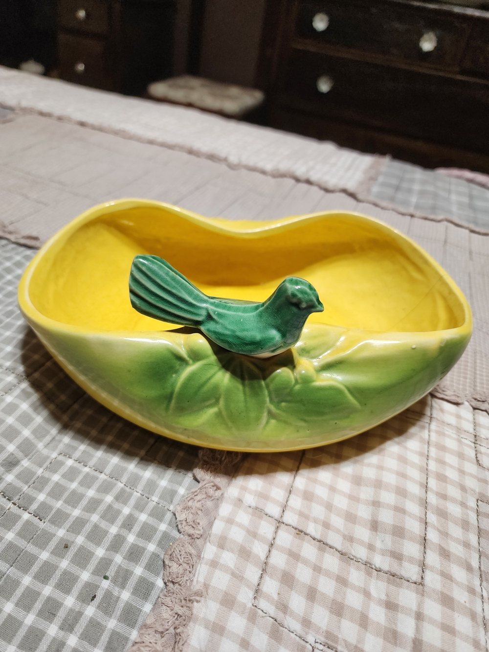 Ceramic Yellow & Green Bird Bowl Decorative Pet Dish